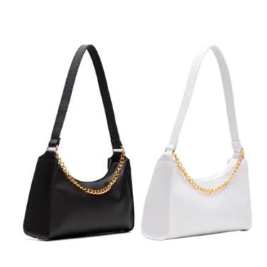 Imagem de Kit 2 Bolsas Femininas Baguetes Lisas Pequenas Correntes de Ombro e de Mão Preto E Branco