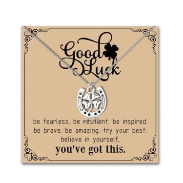 Imagem de MAOFAED Colar de ferradura e trevo de quatro folhas, presente de boa sorte, presente para amantes de cavalos, citação inspiradora (boa sorte)