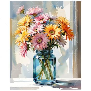 Imagem de Kit de pintura floral natureza morta por números para adultos - margaridas gérberas coloridas DIY em jarra azul, pintura em tela, 40,6 x 50,8 cm, conjunto de tinta acrílica para iniciantes, arte para