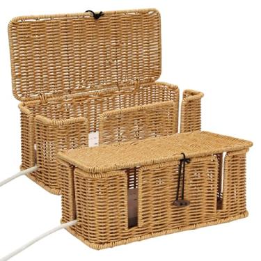 Imagem de DOVORSY Caixa de gerenciamento de cabos, organizador de cabos resistente a rattan, caixa escondida com 4 compartimentos abertos, organizador de cabos sob a mesa para roteador de computador, hub USB e