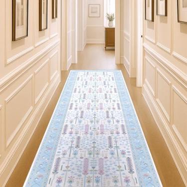 Imagem de Fame Living Tapete Oushak Runner azul creme, corredores modernos, turco, eclético, pastel, lavável, tapetes pequenos, corredor curto para corredor, entrada, lavanderia, hall de entrada, quarto