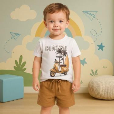 Imagem de Conjunto Infantil Camiseta Branca Estampada e Bermuda Camurça em Molet