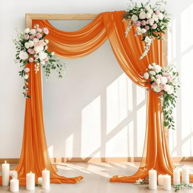 Imagem de LINXTAR Tecido drapeado de arco de casamento 1 painel 76 cm x 4,7 m laranja transparente chiffon arco cortina para cabine de fotos, chá de panela, chá de bebê, decoração de igreja, fotografia de