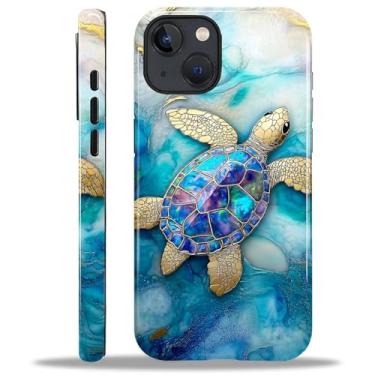 Imagem de Yuning419 Capa compatível com iPhone 14, capa de proteção rígida híbrida de 2 camadas, capa protetora resistente à prova de choque para iPhone 14, tartaruga de concha de arco-íris de mármore
