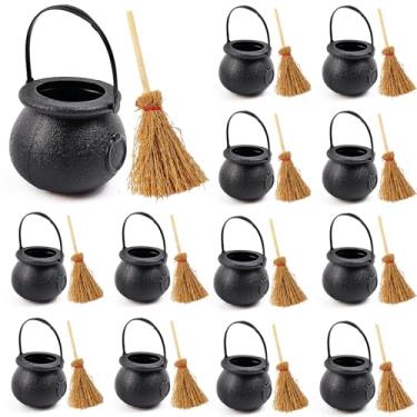Imagem de ROYHOO 24 peças/conjunto de mini caldeirão de plástico com mini vassouras de bruxa, pote de caldeirão de bruxa, baldes pretos com alça para crianças, porta-moedas de São Patrício e lembrancinhas de