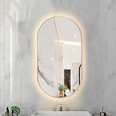 Imagem de Espelho De Banheiro Retroiluminado Led Oval Regulável 3 Temperatura De Cor Espelho Inteligente Led Espelho De Maquiagem Montado Na Parede Com Moldura De Liga De Alumínio, Golden Frame, 40X80CM