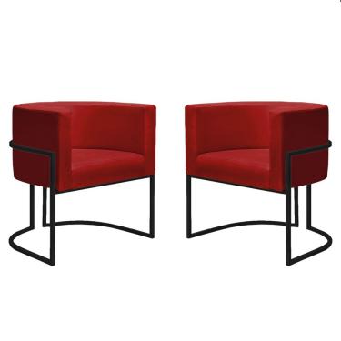 Imagem de Kit 2 Poltronas Reforçadas Decorativa Sala Nayara Base Ferro Preto Suede Vermelho