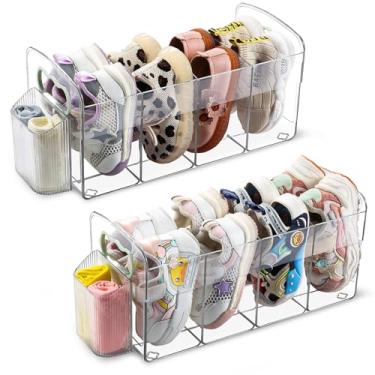Imagem de FJZZ Pacote com 2 sapateiras infantis atualizadas, organizador de sapatos de bebê de acrílico transparente com defletor lateral antiderrapante, 4 seções, sapateira infantil com armazenamento de meias