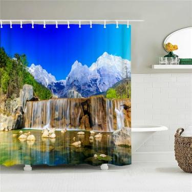 Imagem de Cortina de chuveiro de tecido de paisagem natural Montanhas Floresta Cortinas de banho para decoração de banheiro com 12 ganchos, JK5457, L90 x A180 cm
