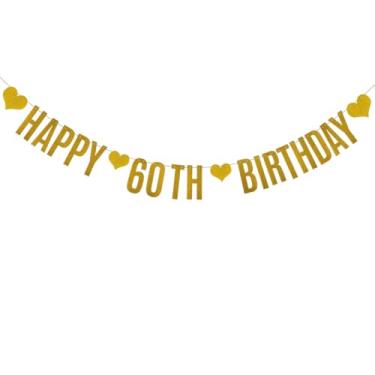 Imagem de Faixa HAPPY 60TH BIRTHDAYY, faixa de papel com glitter dourado para suprimentos de decorações de festa de 60 anos, pré-amarrada, sem necessidade de montagem, letras douradas, Betteryanzi