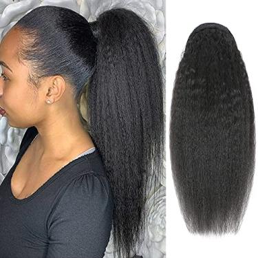Imagem de Adette Extensão de cabelo humano crespo liso rabo de cavalo com cordão de 35,5 cm, grampo de cabelo liso e crespo em rabo de cavalo para mulheres negras