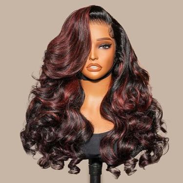 Imagem de Perucas Alipearl Body Wave Lace Front com corte em camadas, franja, parte lateral 33 x 10 cabelo humano ondulado, destaques 1B/99J Borgonha pré-arrancadas sem cola com cabelo de bebê 45,7 cm