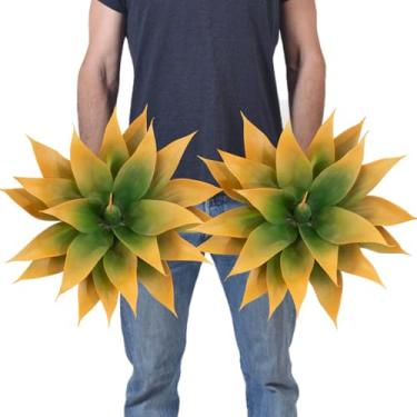 Imagem de Pacote com 2 plantas falsas, plantas artificiais de agave, grandes resistentes a UV, para decoração interna e externa, plantas tropicais, suculentas, vegetação, decoração interna, 21 lâminas (amarelo)