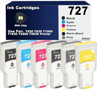Imagem de Cartuchos de tinta T930 727 300ML C1Q12A F9J76A F9J77A F9J78A F9J79A F9J80A para T920 T930 T1500 T1530 T2500 T2530 Tinta para impressora (pacote com 6 7) 27 Tinta PBB , MB, ciano, magenta, amarelo