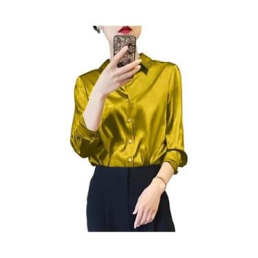 Imagem de Blusas Femininas Elegantes com Manga Longa, Acabamento em Cetim e Botõ