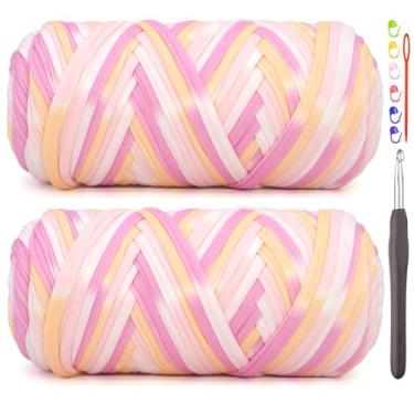 Imagem de Pacote com 2 camisetas para crochê, camiseta arco-íris, tecido elástico grosso, fio de crochê para iniciantes, bolsa de tricô à mão, cesta/porta-copos / artesanato faça você mesmo/decoração de casa 2
