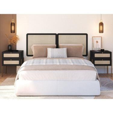 Imagem de Conjunto Cabeceira Casal 160cm e 2 Mesas de Cabeceira 2 Gavetas Pé Metal Palhinha Oslo Nero/Dourado