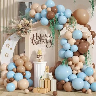 Imagem de Kit de arco de balão azul e marrom, 127 peças de balões castanhos e azuis café nude, tamanhos diferentes para decorações de chá de bebê de urso, revelação de gênero, decoração de festa de aniversário