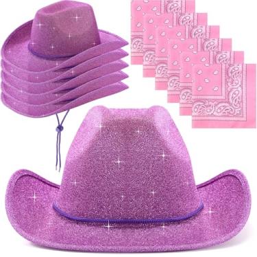 Imagem de Coume 12 peças de chapéu de cowboy adulto para mulheres e homens chapéus de vaqueira com glitter ocidental com cordão ajustável bandana de festa de cowboy (rosa choque)