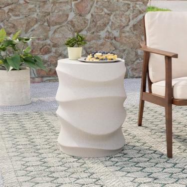Imagem de COSIEST Mesa lateral externa, mesa lateral de concreto de 45 cm A para pátio, mesa de destaque leve simplificada, bancos decorativos de jardim, mesa de tambor com suporte de plantas, redonda, branca