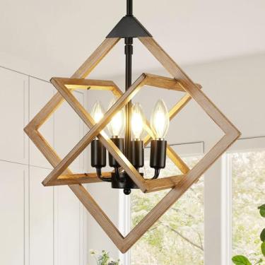Imagem de Lustre de casa de fazenda de 45,7 cm, luminária geométrica de sala de jantar de teto de 4 luzes, luminárias de hall de entrada rústico moderno, luzes pendentes suspensas de grão de madeira industrial