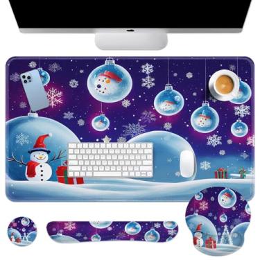 Imagem de Britimes Conjunto de mouse pad com teclado azul Merry Christmas Snowman Floco de neve 4 em 1 grande mousepad + teclado descanso de pulso + suporte de pulso + porta-copos design ergonômico para