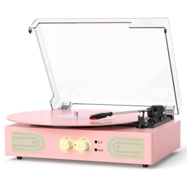 Imagem de Toca-discos de vinil com alto-falantes embutidos, toca-discos vintage de 3 velocidades, controle de graves/agudos, conector de fone de ouvido, saídas RCA/AUX, leitor de LP acionado por correia, rosa