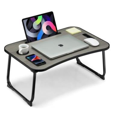 Imagem de VIFOCAE Mesa de colo dobrável, mesa para laptop, mesa de colo portátil, mesa de cama para laptop com suporte de copo e compartimento para tablet e alça de elevação para trabalhar, escrever, desenhar e