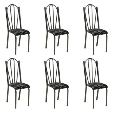 Imagem de Kit 6 Cadeiras de Cozinha Alasca Estampado Preto Florido Pés de Ferro 