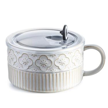 Imagem de Tigela de sopa extra grande com alça, tigela de cerâmica de 1,105 g com tampa, tigela de ramen de micro-ondas de 15 cm, caneca de sopa para cereal, ramen, macarrão instantâneo, branco