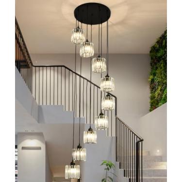 Imagem de Meimond Lustres longos para tetos altos, luz pendente de cristal moderna, lâmpada de gota de chuva, luminárias de montagem embutida para escadas em espiral, hall de entrada, sala de estar, preto (9