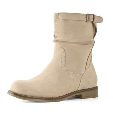 Imagem de Shoe'N Tale Botas femininas de cano médio, bico redondo despojado, salto baixo, com zíper lateral, Camurça cáqui, 37