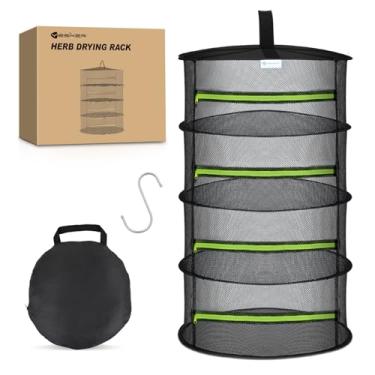 Imagem de Yesker Rack de secagem de ervas com 4 camadas, rede de malha, dobrável, para secar plantas, 61 cm de diâmetro, com zíper verde e gancho para secador, suporte para pendurar ervas, broto, frutas, roupas