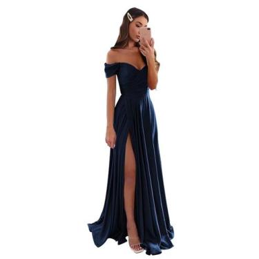 Imagem de Vestido de formatura GODCUN Off Shoulder em cetim A, azul marinho