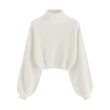 Imagem de Suéter de gola alta recortado ZAFUL, manga lanterna, malha canelada