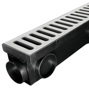 Imagem de Ralo Linear 50cm Guvi Com Caixa Coletora Saídas Lateral Baixa Com grelha Super Resistente (Preto e cinza)