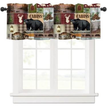 Imagem de wlsgdsg Cortina de sanefa de urso campestre patchwork xadrez vintage prancha caça na floresta lago urso preto alce pinho cone vida selvagem tratamento de janela cortinas sanefas para cozinha, sala de