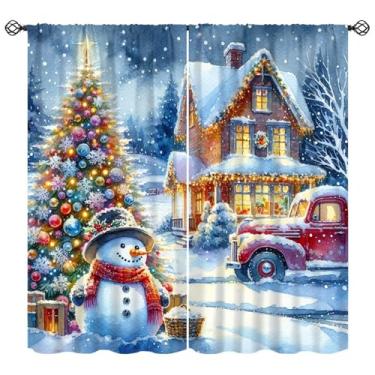 Imagem de Cortina de Feliz Natal, Caminhão Vermelho, Árvore de Natal, Boneco de Neve, Cabana de Inverno, Tratamento de Janela para Sala de Estar, Quarto, Cozinha, Café, Estudo, Jantar, Decoração de Feliz Natal