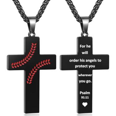 Imagem de Colar masculino com cruz de beisebol, versículo bíblico, pingente, presente para aniversário, Natal, batismo, cristão, religioso, acessórios de beisebol, presentes, Small, Aço inoxidável, Sem Pedra