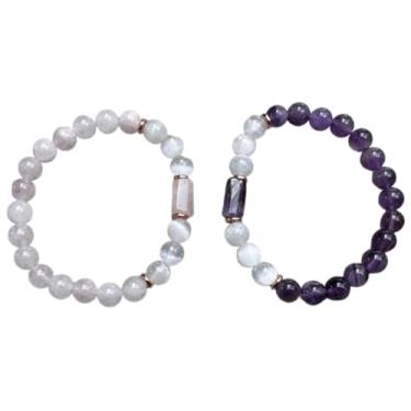 Imagem de Pulseira de contas de cristal de quartzo rosa, turmalina preta, ametista e selenita de 8 mm – Cilindro de cristal de pedra preciosa genuína com discos de cobre, pulseira de pedras preciosas de cura