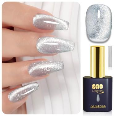 Imagem de YTD Likomey Gel Cat Eye Esmalte para unhas, platina 15 ml, prata, refletivo, holográfico, flash, brilhante, salão de beleza, gel UV para casa com bastão magnético, sem HEMA MY514