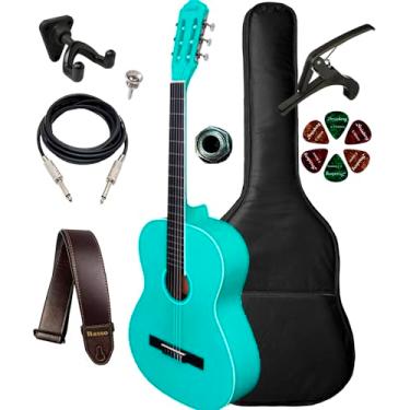 Imagem de Violão Elétrico Giannini Canhoto N14 + Capa Luxo, Suporte Ibox SPF Acessórios (Turquoise Blue Satin)