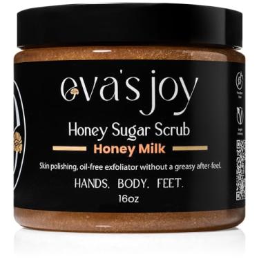 Imagem de Eva's Joy Esfoliante de açúcar com leite de mel, hidratante e esfoliante, hidratante e suaviza a pele, reduz manchas ásperas, esfoliante corporal suave, 473 g