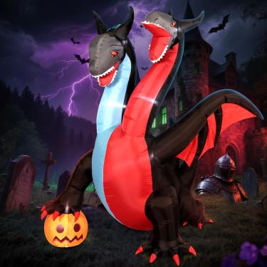 Imagem de DomKom 8 FT Tall Halloween Inflatables Outdoor Decorations, Giant Fire and Ice Two-Headed Dragon with Pumpkin, LED Lights Holiday Blow Up for Halloween Party Garden Yard Lawn Décor