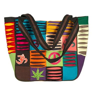 Imagem de Tribe Azure Fair Trade Bolsa De Ombro Grande Tote Feminina Feita À Mão, Casual Para Uso Diário, Estilo Boho, Laptop E Viagem (Patchwork Om Namo)