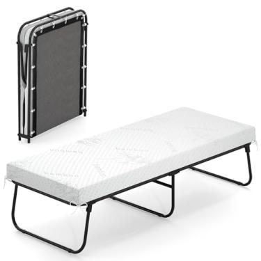 Imagem de KOMFOTT Cama dobrável com colchão, cama de hóspedes portátil tamanho berço com moldura de metal resistente e colchão de espuma de memória, camas dobráveis que economizam espaço para quarto de hóspedes