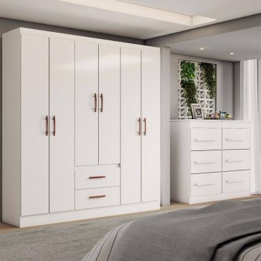 Imagem de Guarda-Roupa Solteiro Europa 6 Portas 2 Gavetas e Cômoda 6 Gavetas Branco - Panorama Móveis