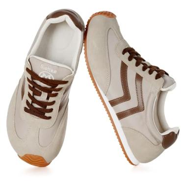 Imagem de Tênis fashion feminino casual de largura larga, couro legítimo, tênis de caminhada, moderno, leve, confortável, cadarço antiderrapante, para uso ao ar livre, com palmilha de espuma viscoelástica, Bege