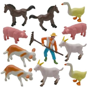 Imagem de Pinenjoy 11 peças de mini bonecos de animais de fazenda, estatuetas de animais de celeiro em miniatura, resina, cavalo, pato, porco, cabra, vaca, topos de bolo para decoração de festa de aniversário