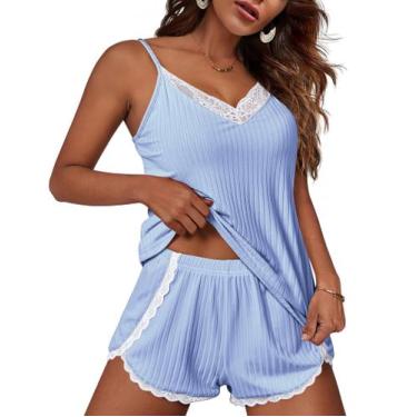 Imagem de Conjunto de pijama Ekouaer, lingerie macia feminina, azul